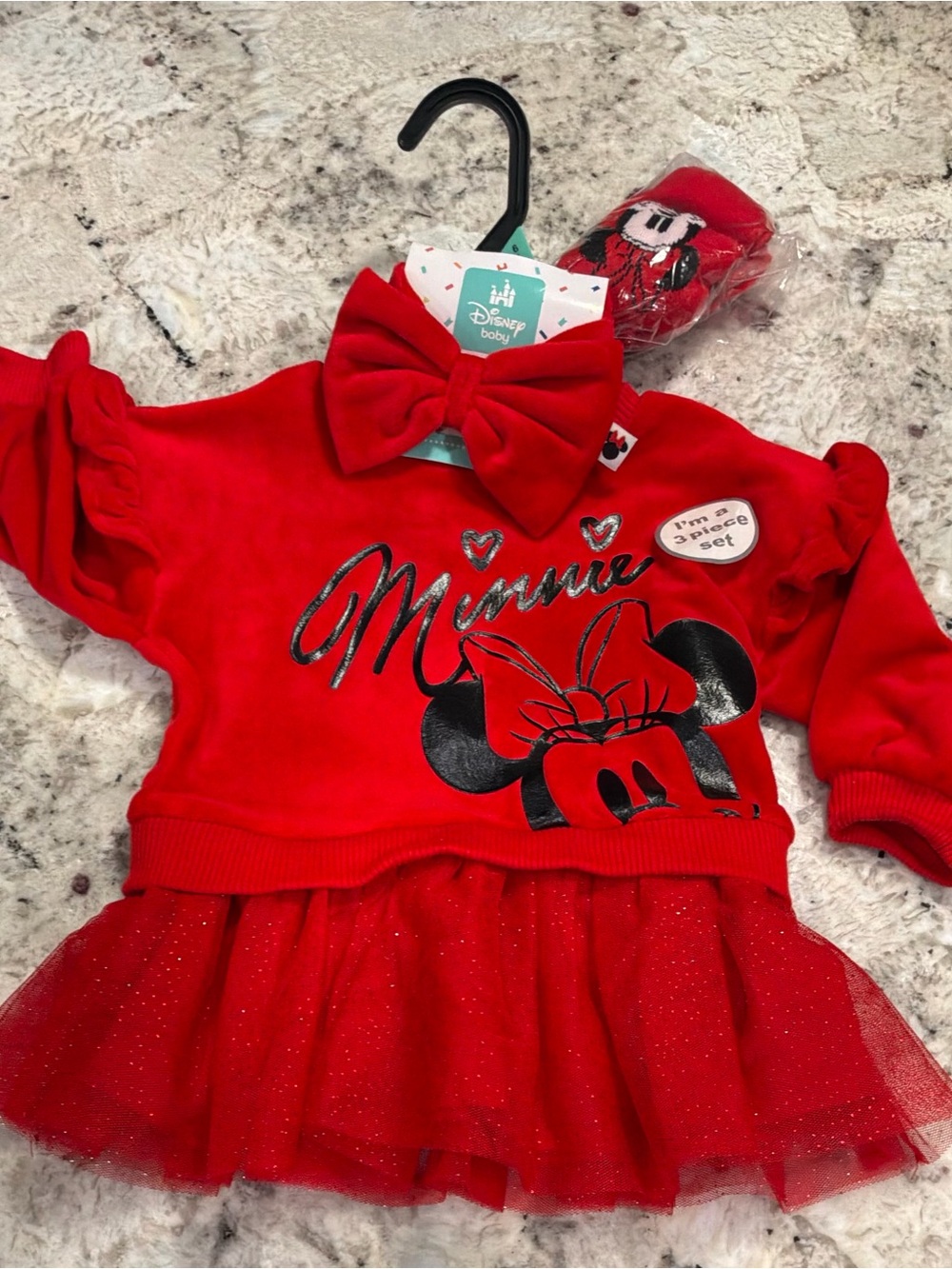 Disney Red Minnie Mouse Sparkle Tulle Dress Set with Bow & Tights